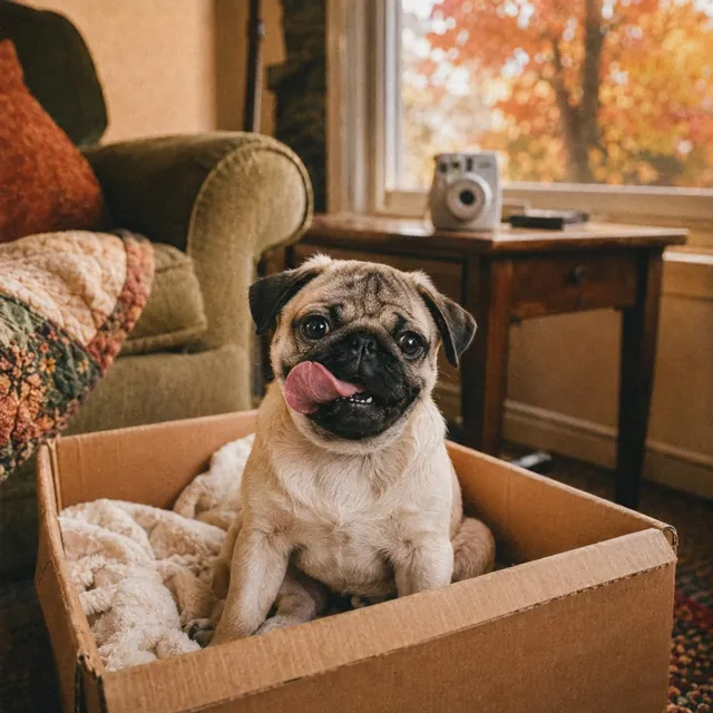 A pug puppy sitting in a cardboard box lined with a soft blanket in a warm Ohio living room, autumn leaves outside the window and an instant camera on the side table