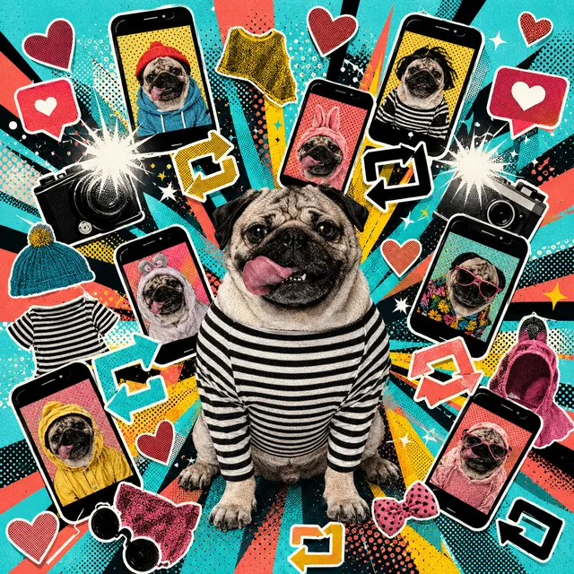 Pop-art collage of Doug the Pug in a striped shirt surrounded by phone screens showing him in costumes, hearts, repost arrows and camera flashes on a bright halftone background