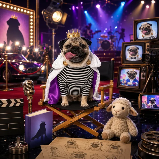 Doug the Pug in a crown and royal cape sitting on a director's chair on a purple stage set, surrounded by vintage televisions showing his portrait, a microphone, a clapperboard, a storybook, animation sketches and his plush lamb toy