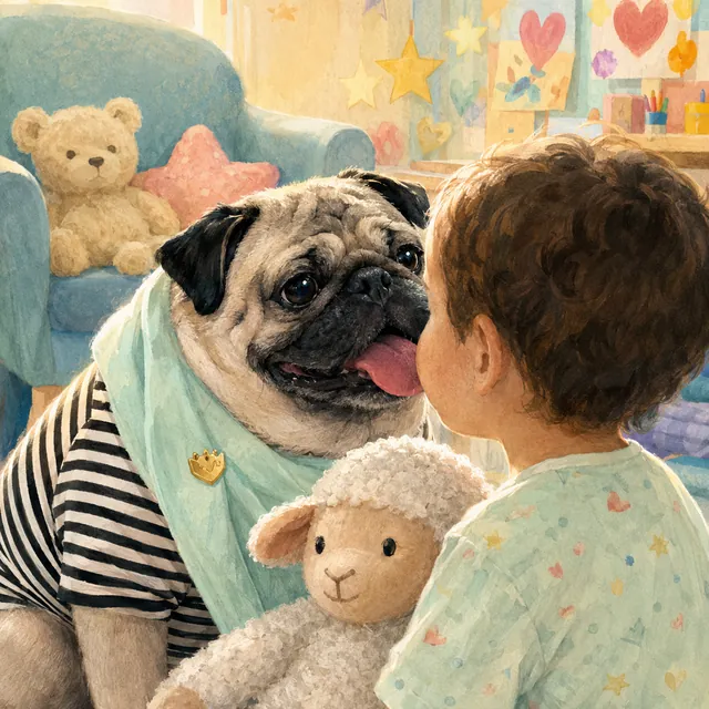 Soft watercolour illustration of Doug the Pug leaning towards a young child in a bright playroom, both of them holding a plush lamb toy