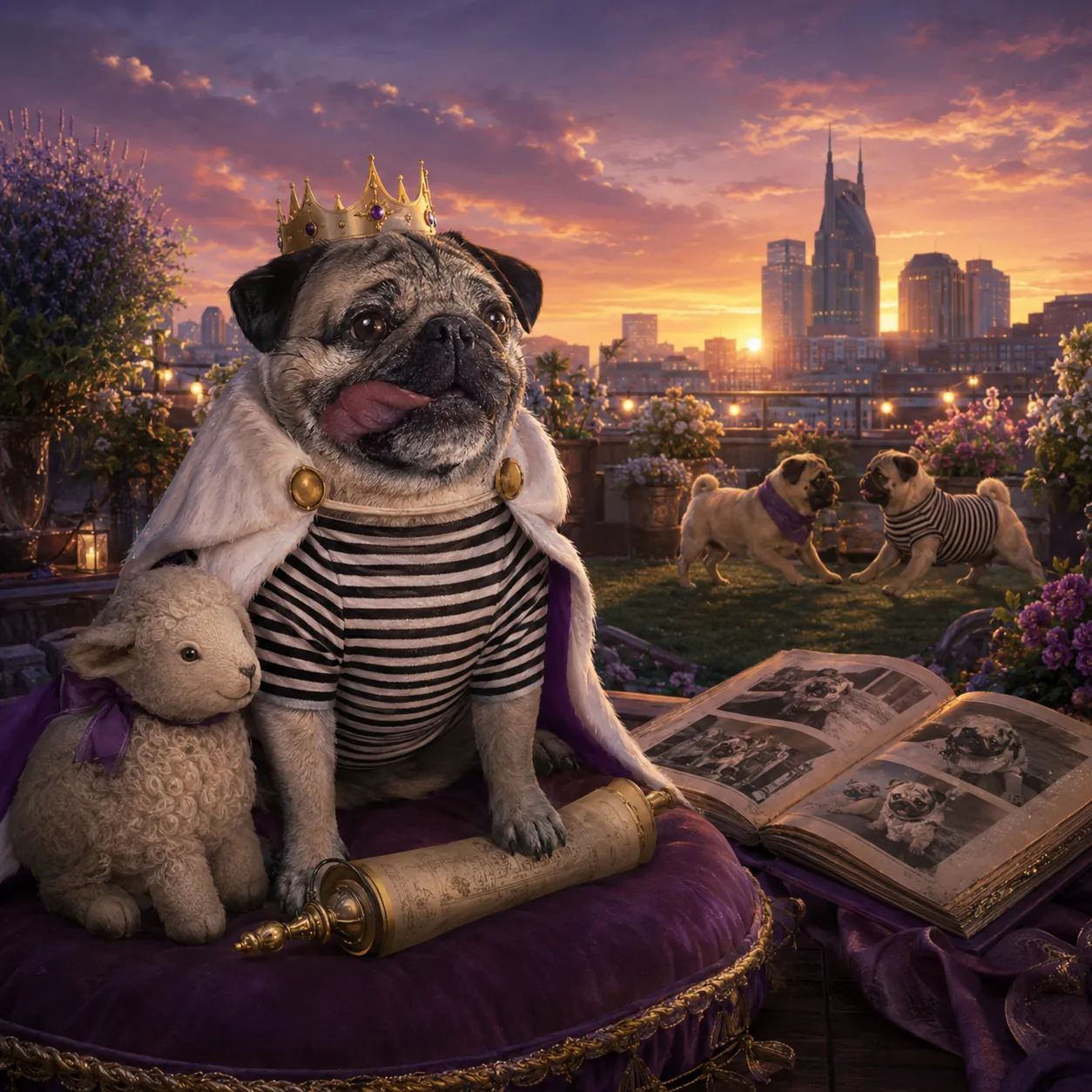 An older Doug the Pug in a gold crown and royal cape resting on a purple velvet cushion on a rooftop garden at sunset, a plush lamb beside him, an open photo album nearby and two young pugs playing in the background