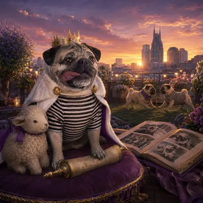 An older Doug the Pug crowned on a velvet cushion at sunset with young pugs playing behind him