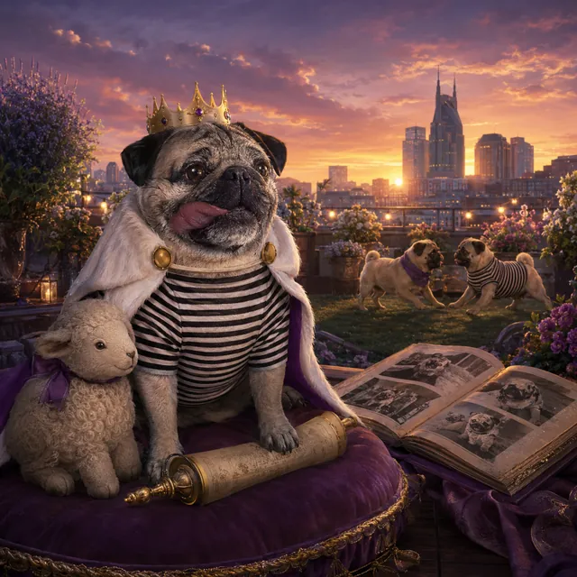 An older Doug the Pug in a gold crown and royal cape resting on a purple velvet cushion on a rooftop garden at sunset, a plush lamb beside him, an open photo album nearby and two young pugs playing in the background